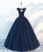 Navy Cap Sleeves Ball Gown Tulle Cheap Long Evening Prom Dresses, Custom Sweet16 Dresses, 18410