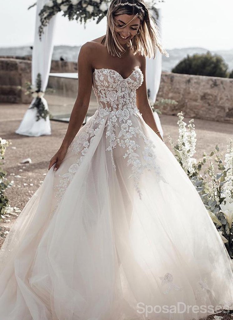 Sweetheart Lace See Through Cheap Wedding Dresses Online, Cheap Unique Bridal Dresses, WD596