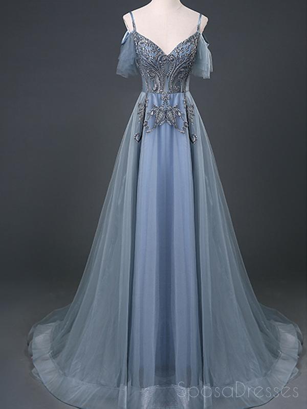 Spaghetti Straps Grey Blue Lace Beaded Cheap Long Evening Prom Dresses, Evening Party Prom Dresses, 18642