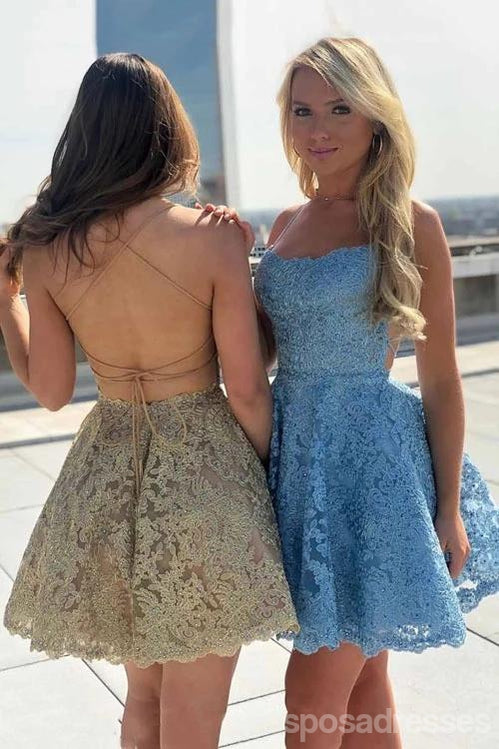 Gold Lace Cross Back Short Homecoming Dresses Online, Cheap Short Prom Dresses, CM840