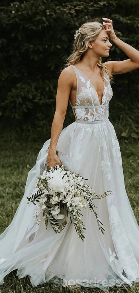 Sexy V-Neck Lace A-line Cheap Wedding Dresses Online, Cheap Bridal Dresses, WD616