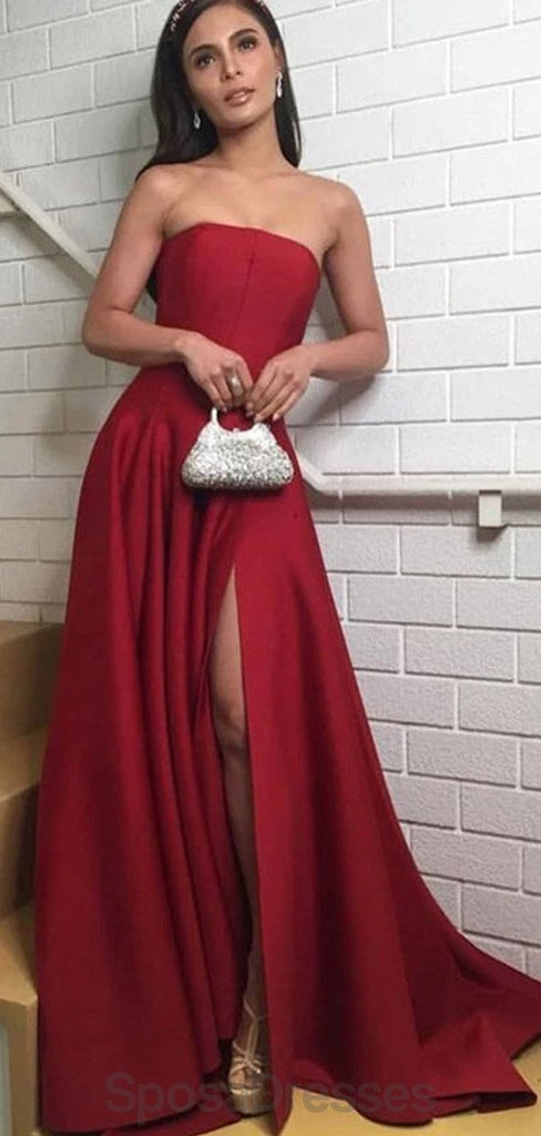 Simple Dark Red Side Slit Long Evening Prom Dresses, Evening Party Prom Dresses, 12171