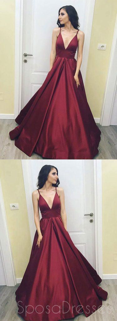 Simple Cheap Maroon Sexy Deep V Neckline A line Long Evening Prom Dresses, Popular Cheap Long Custom Party Prom Dresses, 17324