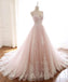 Pale Pink Lace Beaded A-line Long Evening Prom Dresses, Evening Party Prom Dresses, 12209