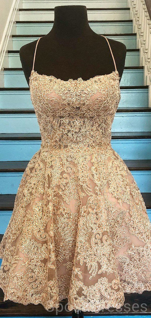 Gold Lace Cross Back Short Homecoming Dresses Online, Cheap Short Prom Dresses, CM840