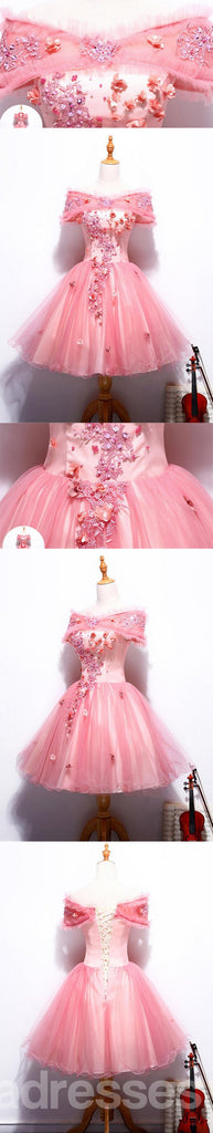 Off Shoulder Peach Lace Cute Homecoming Prom Dresses, Affordable Short Party Prom Dresses, Perfect Homecoming Dresses, CM323