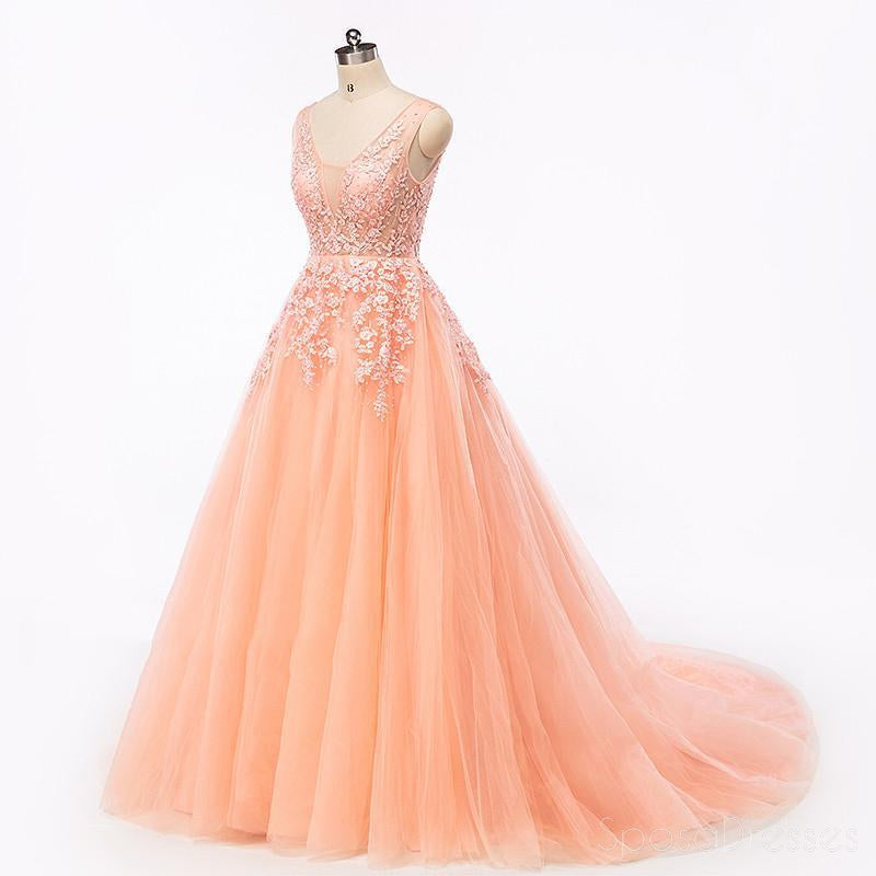 Sexy Backless V Neckline Lace A line Peach Long Evening Prom Dresses, Popular Cheap Long 2018 Party Prom Dresses, 17227