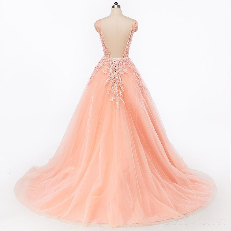 Sexy Backless V Neckline Lace A line Peach Long Evening Prom Dresses, Popular Cheap Long 2018 Party Prom Dresses, 17227