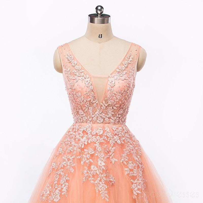 Sexy Backless V Neckline Lace A line Peach Long Evening Prom Dresses, Popular Cheap Long 2018 Party Prom Dresses, 17227