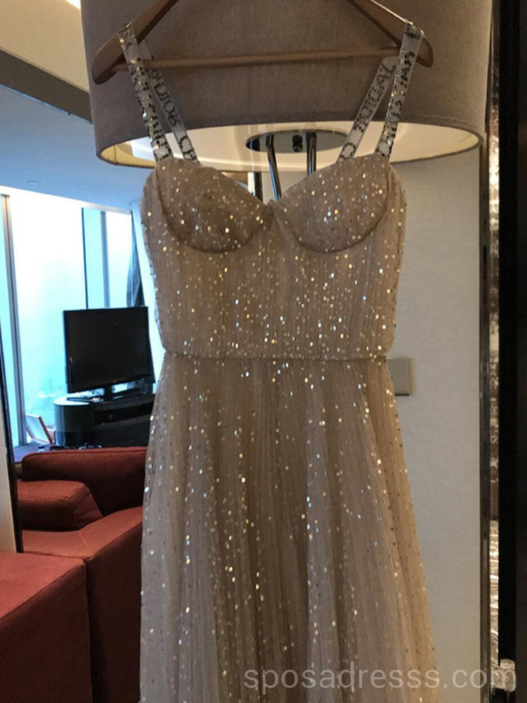 Straps Sparkly Gold A-line Long Evening Prom Dresses, Cheap Custom Sweet 16 Dresses, 18569