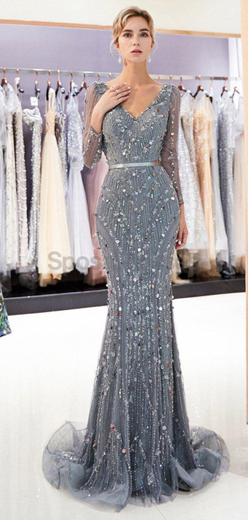 Long Sleeves Grey Rhinestone Heavily Beaded Mermaid Evening Prom Dresses, Evening Party Prom Dresses, 12038