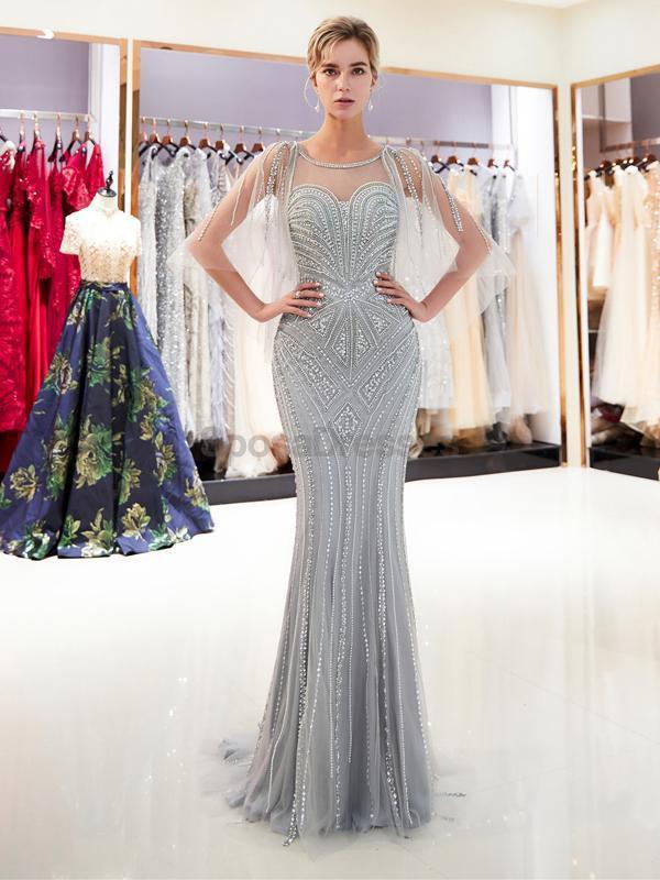 Silver Rhinestone Beaded Mermaid Evening Prom Dresses, Evening Party Prom Dresses, 12031