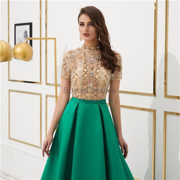 See Through Short Sleeves High Neck Beaded Evening Prom Dresses, Evening Party Prom Dresses, 12080