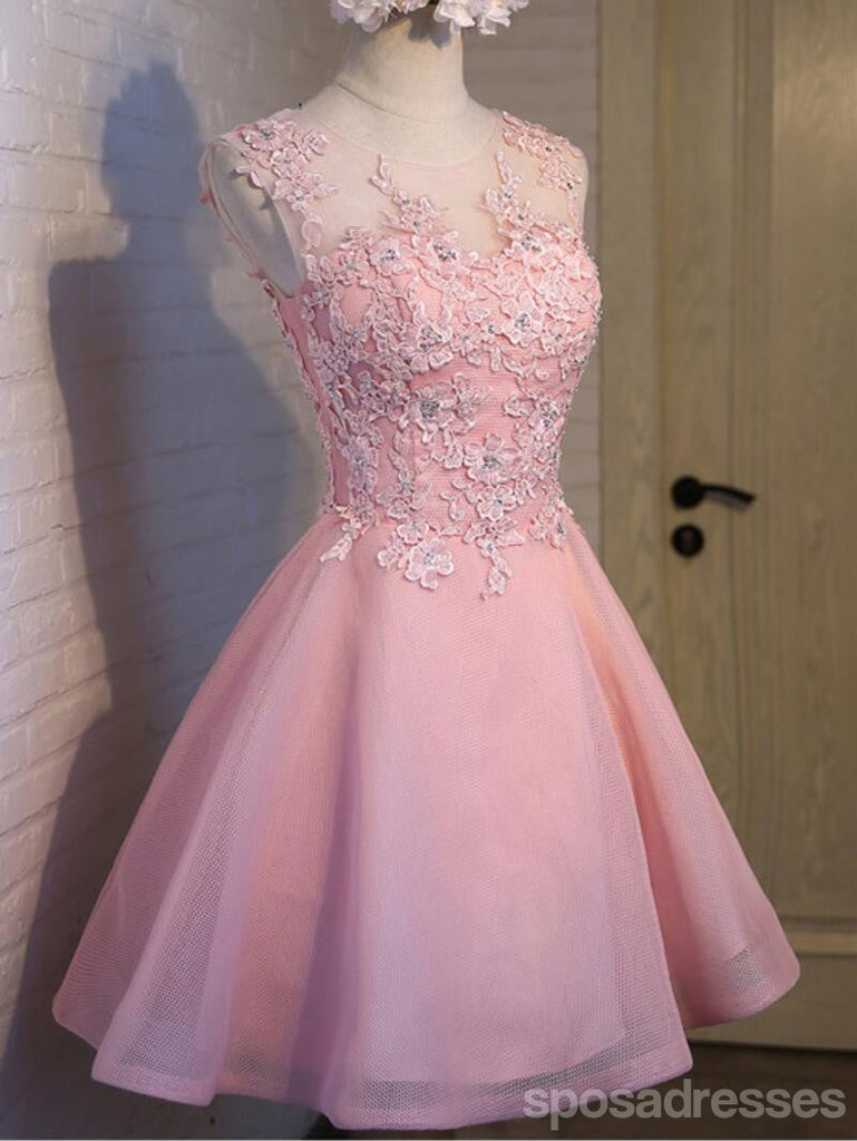 Pink See Through Lace Cute Homecoming Prom Dresses, Affordable Short Party Prom Dresses, Perfect Homecoming Dresses, CM308