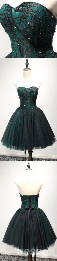 Strapless Dark Green Black Lace Tulle Homecoming Prom Dresses, CM237