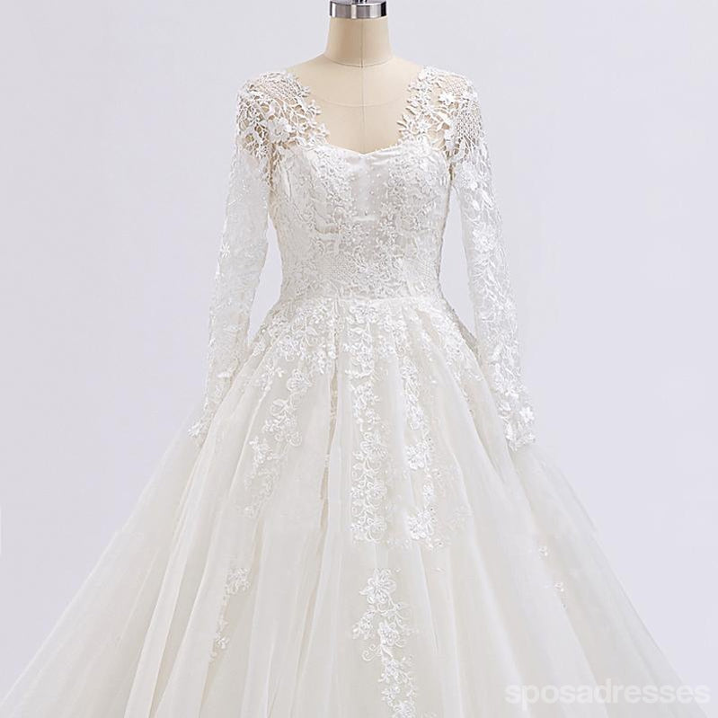 Long Sleeve Lace Beaded See Through A line Wedding Bridal Dresses, Affordable Custom Made Wedding Bridal Dresses, WD264