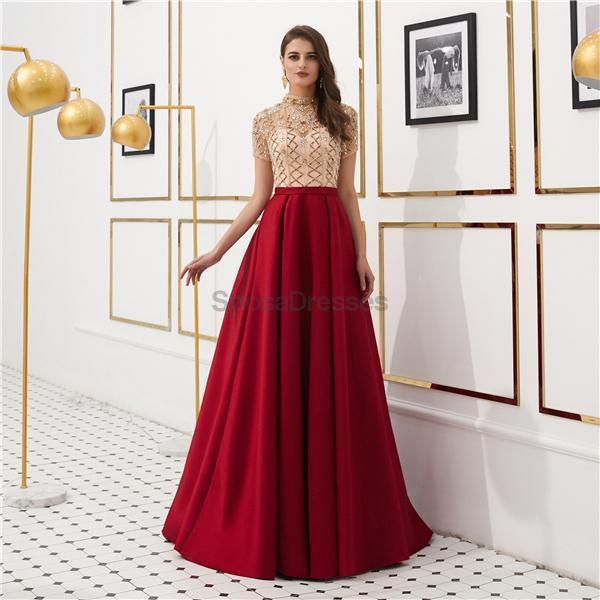 See Through Short Sleeves High Neck Beaded Evening Prom Dresses, Evening Party Prom Dresses, 12080