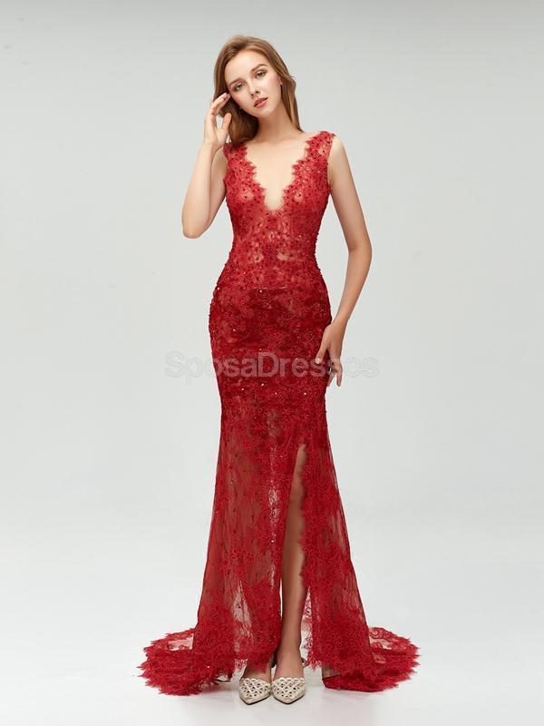 Sexy Backless Maroon Lace Side Slit Deep V Neckline Mermaid Long Evening Prom Dresses, 17531
