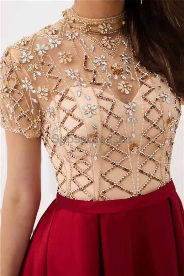 See Through Short Sleeves High Neck Beaded Evening Prom Dresses, Evening Party Prom Dresses, 12080