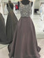 Sexy Backless Grey Beaded V Neck A-line Long Evening Prom Dresses, 17517