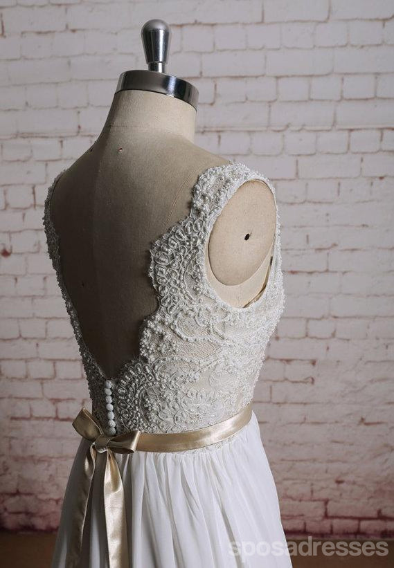 Lace V Neck A-line Cheap Beach Wedding Dresses Online, WD386