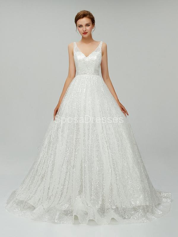 Sexy Backless Sequin V Neck Cheap Wedding Dresses Online, Cheap Bridal Dresses, WD551