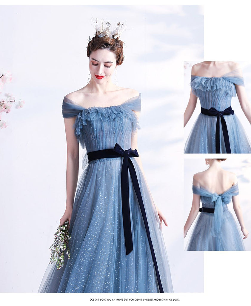 Blue A-line Off Shoulder Long Party Prom Dresses, Cheap Dance Dresses,12541