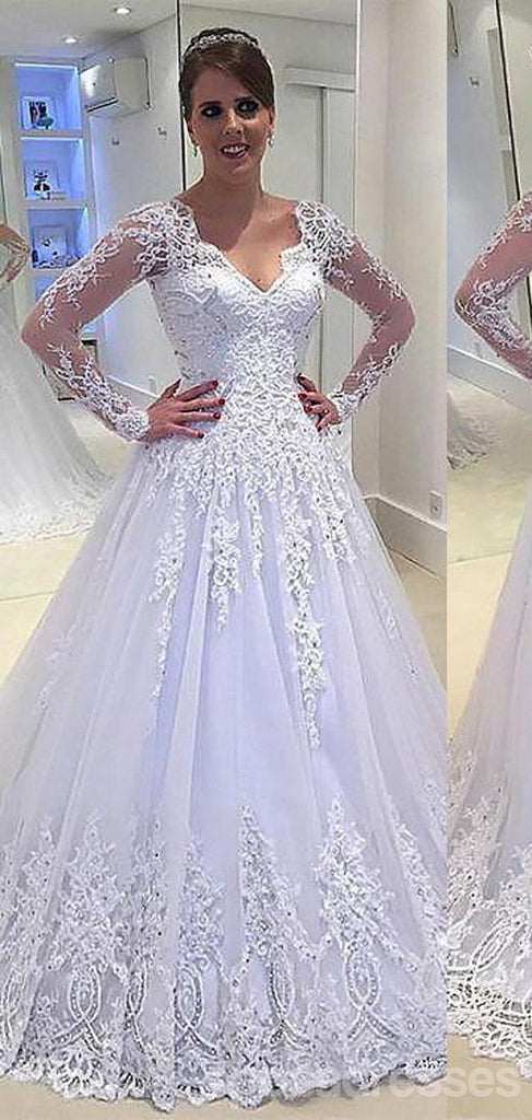 Long Sleeves White A-line Wedding Dresses Online, Sexy See Through Lace Bridal Dresses, WD449