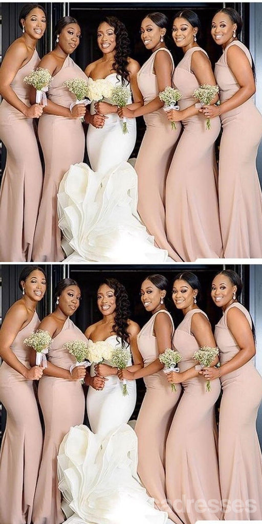 Sexy Light Pink Mermaid One Shoulder Cheap Maxi Long Bridesmaid Dresses,WG1681