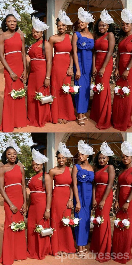 Sexy Red Mermaid One Shoulder Cheap Long Bridesmaid Dresses,WG1537