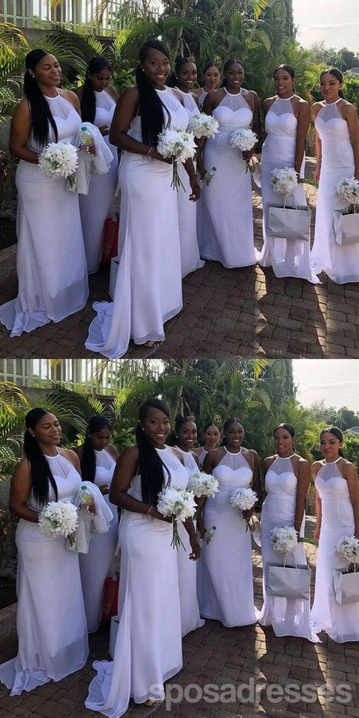 Simple White Mermaid Halter Cheap Long Bridesmaid Dresses,WG1420