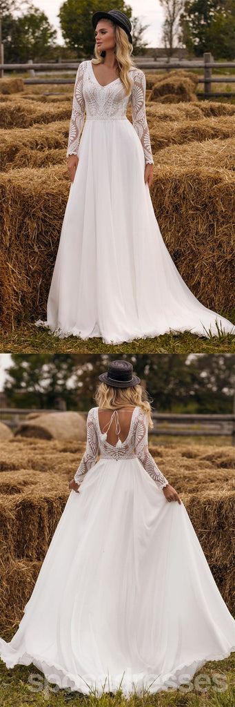 Off White A-line Long Sleeves V-neck Handmade Lace Wedding Dresses,WD791