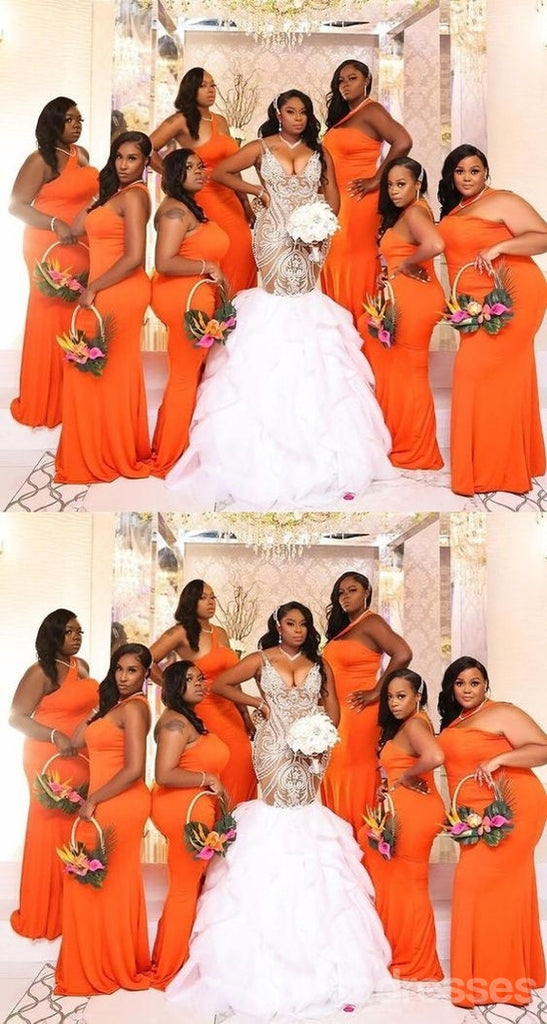 Orange Mermaid One Shoulder Cheap Long Bridesmaid Dresses,WG1521
