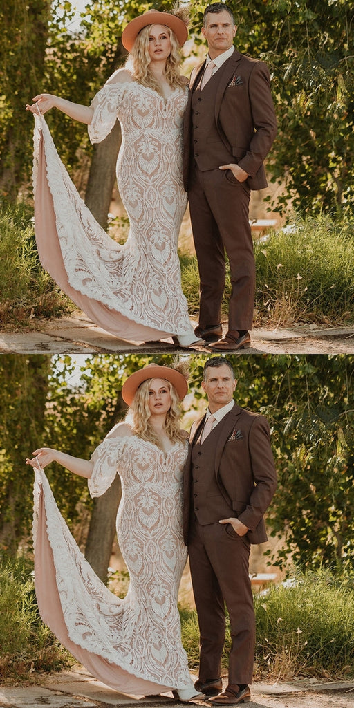 Sexy Mermaid Off Shoulder V-neck Handmade Lace Wedding Dresses,WD795