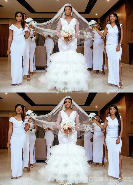 Simple White Mermaid Side Slit Cheap Long Bridesmaid Dresses,WG1593