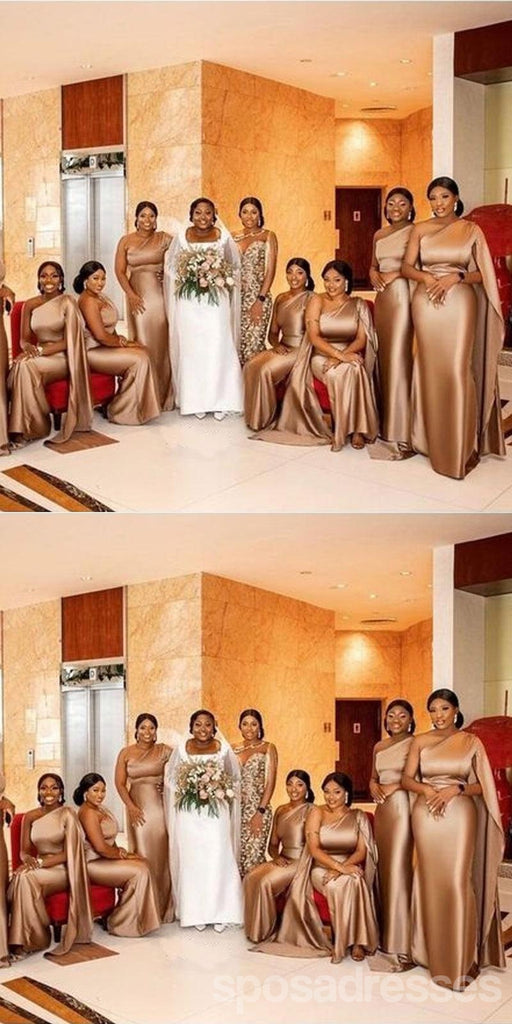 Champagne Mermaid One Shoulder Cheap Long Bridesmaid Dresses,WG1483