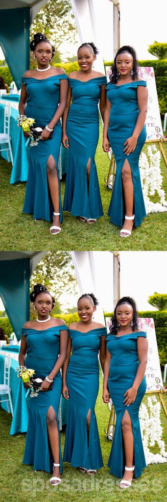 Teal Mermaid Off Shoulder Side Slit Cheap Long Bridesmaid Dresses,WG1529