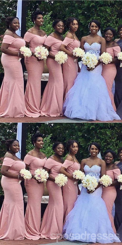 Pink Mermaid Off Shoulder Cheap Long Bridesmaid Dresses,WG1410