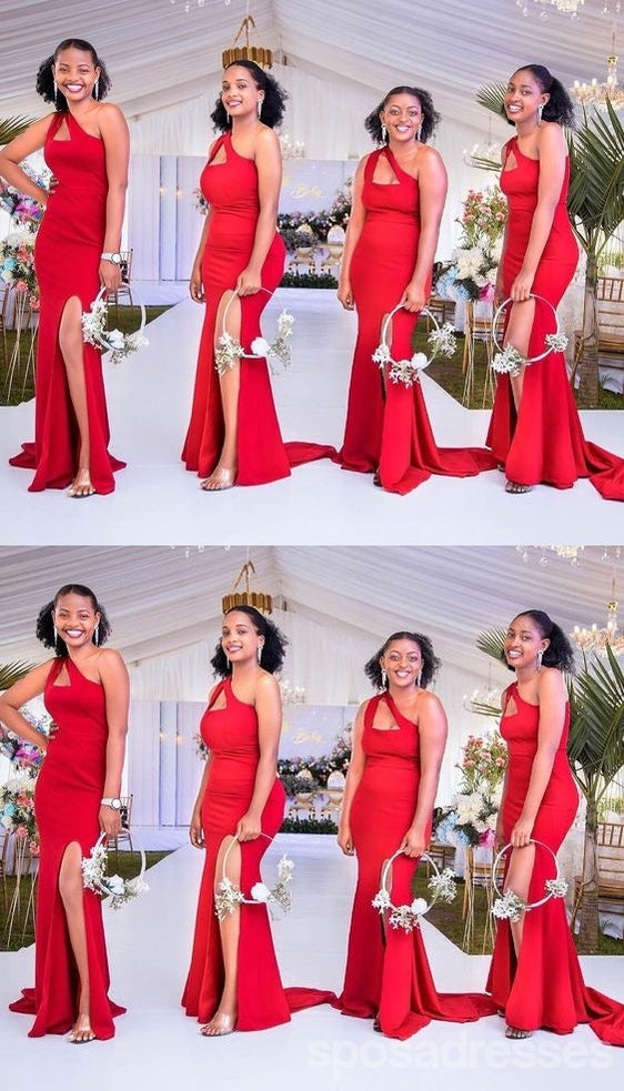 Red Mermaid One Shoulder High Slit Cheap Long Bridesmaid Dresses,WG1618