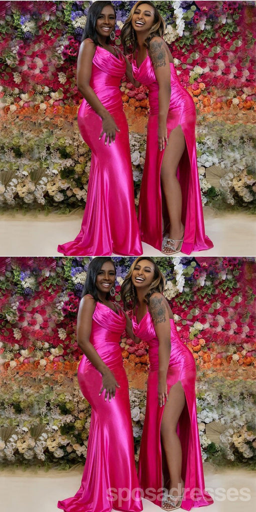 Hot Pink Mermaid Spaghetti Straps Side Slit Cheap Long Bridesmaid Dresses,WG1560