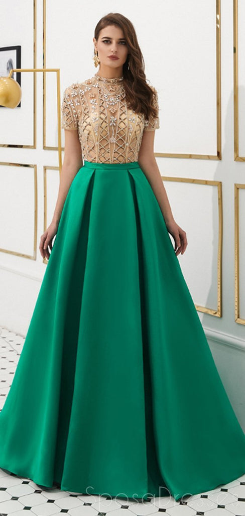 See Through Short Sleeves High Neck Beaded Evening Prom Dresses, Evening Party Prom Dresses, 12080