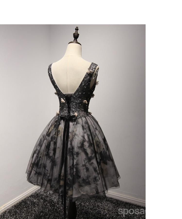 V Neckline Short Black Lace Homecoming Prom Dresses,  Little Back Dress,  CM205