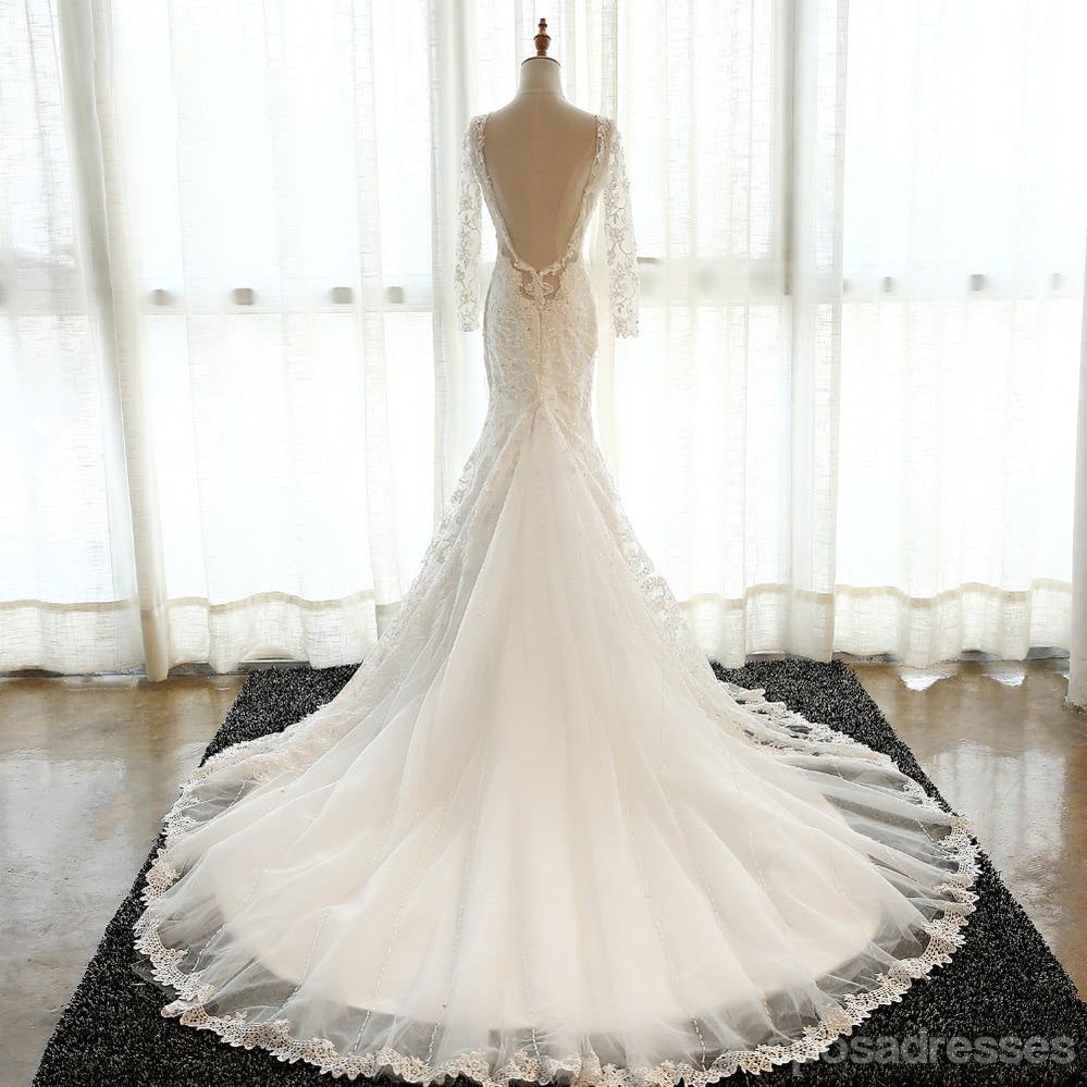 Sexy Backless Long Sleeve Lace Mermaid Wedding Bridal Dresses, Cheap Custom Made Wedding Bridal Dresses, WD272