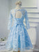 Long Sleeve Blue Open back Lace Cute Homecoming Prom Dresses, Affordable Short Party Prom Dresses, Perfect Homecoming Dresses, CM314
