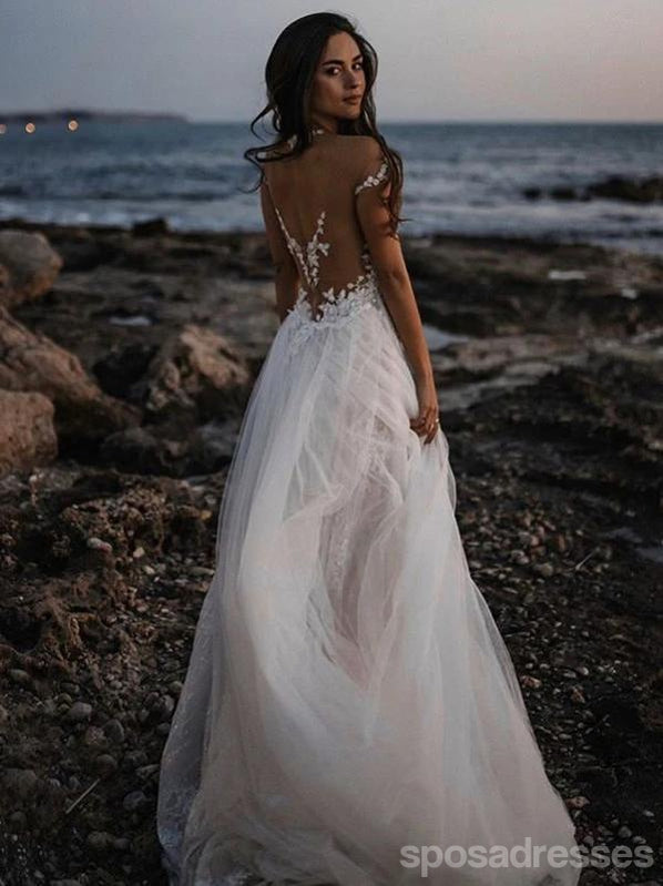 See Through Off Shoulder Long A-line Lace Wedding Dresses Online,WD747