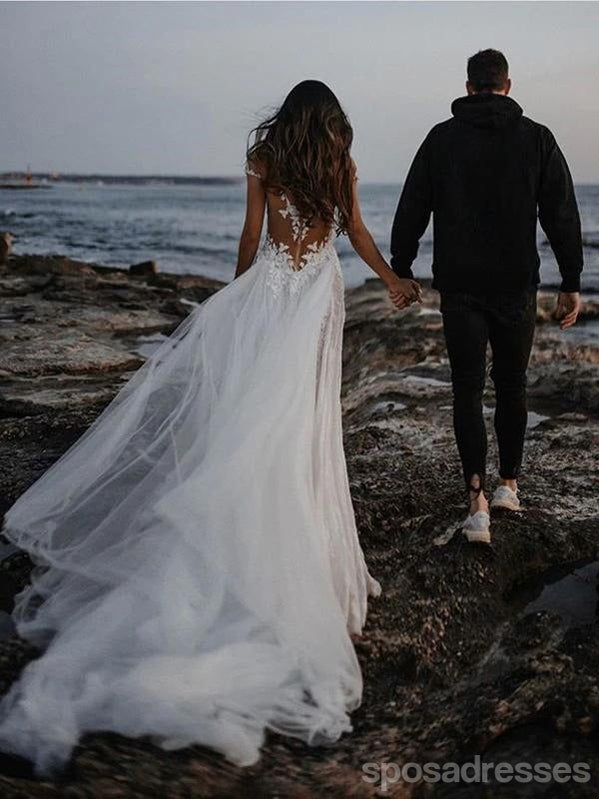 See Through Off Shoulder Long A-line Lace Wedding Dresses Online,WD747