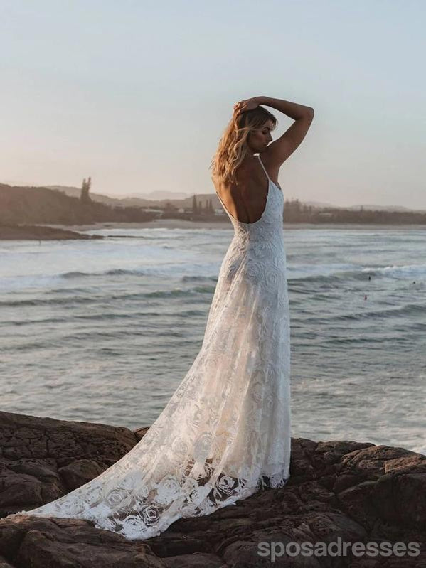 Spaghetti Straps Long Mermaid Backless Lace Wedding Dresses,WD742