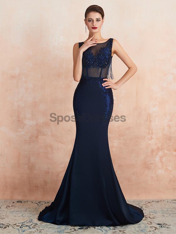 Sexy Scoop Backless Navy Beaded Long Evening Prom Dresses, Evening Party Prom Dresses, 12131