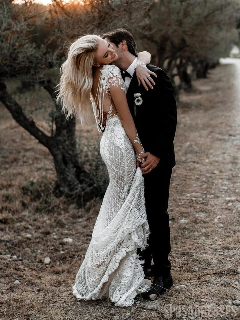Long Sleeves Boho Lace Mermaid Wedding Dresses, Sexy Wedding Gown, WD681