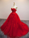 Bright Red Ball Gown Lace Cheap Long Evening Prom Dresses, Cheap Custom Sweet 16 Dresses, 18520